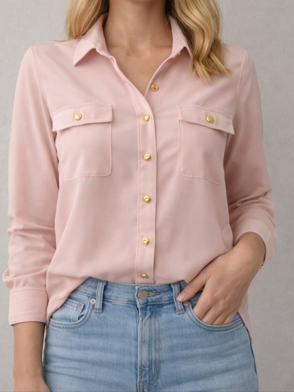 Lauren Ralph Lauren Button Up Blouse Size Small  Pink Gold Buttons Business